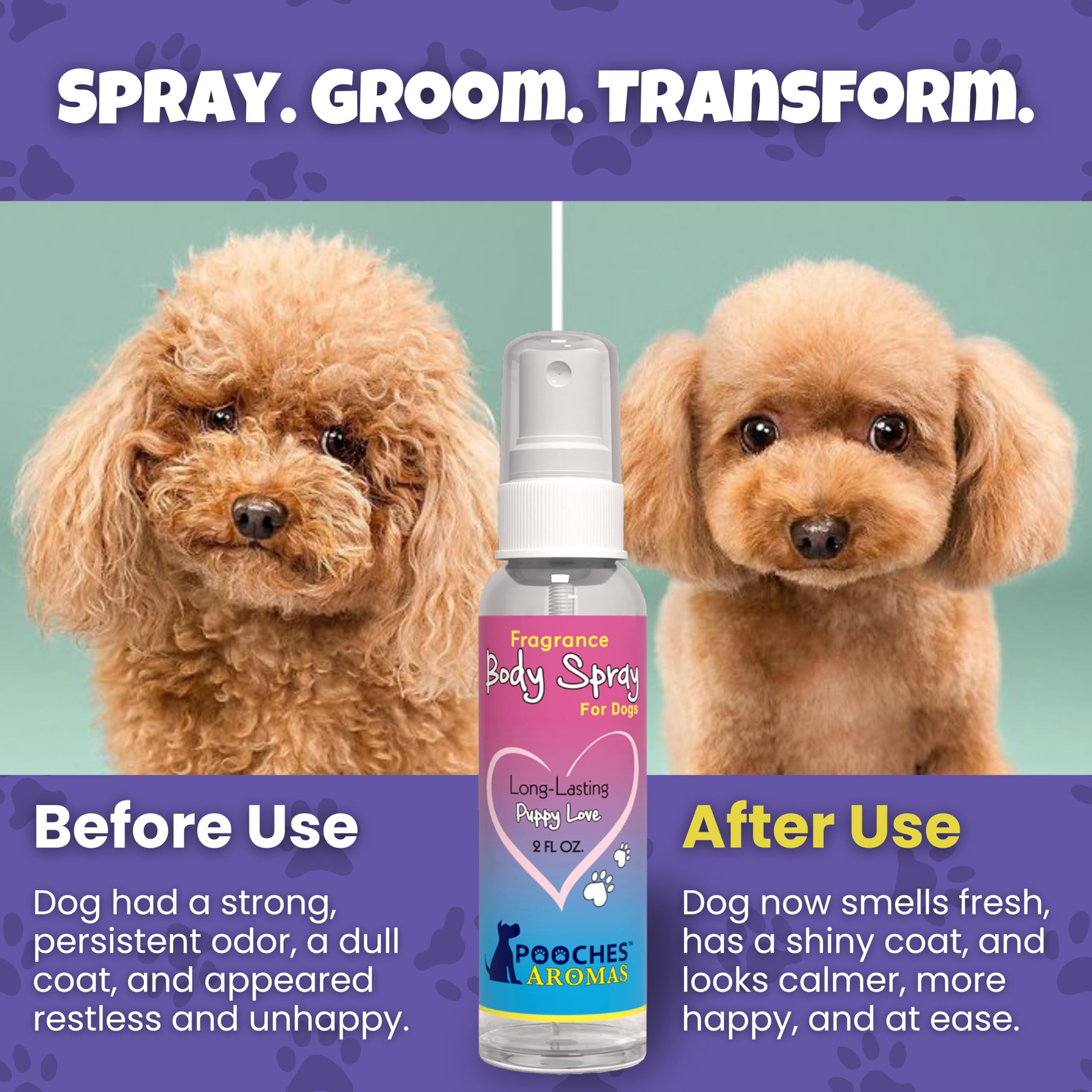 Pooches Aromas natural dog cologne coat softening improves brushing and shine