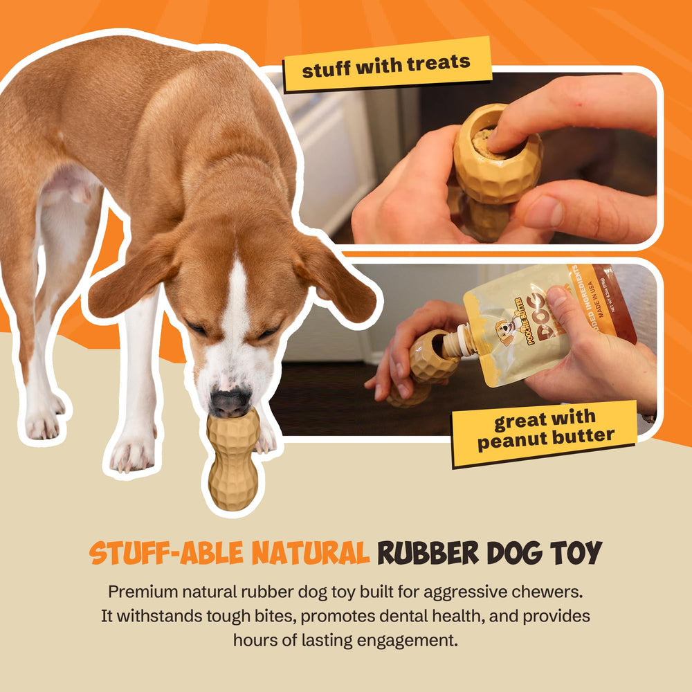 Poochie Butter solid natural rubber toy withstands heavy bites for durable play