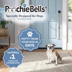 PoochieBells paw-inscribed steel bells close-up showing durable, paw-friendly design.
