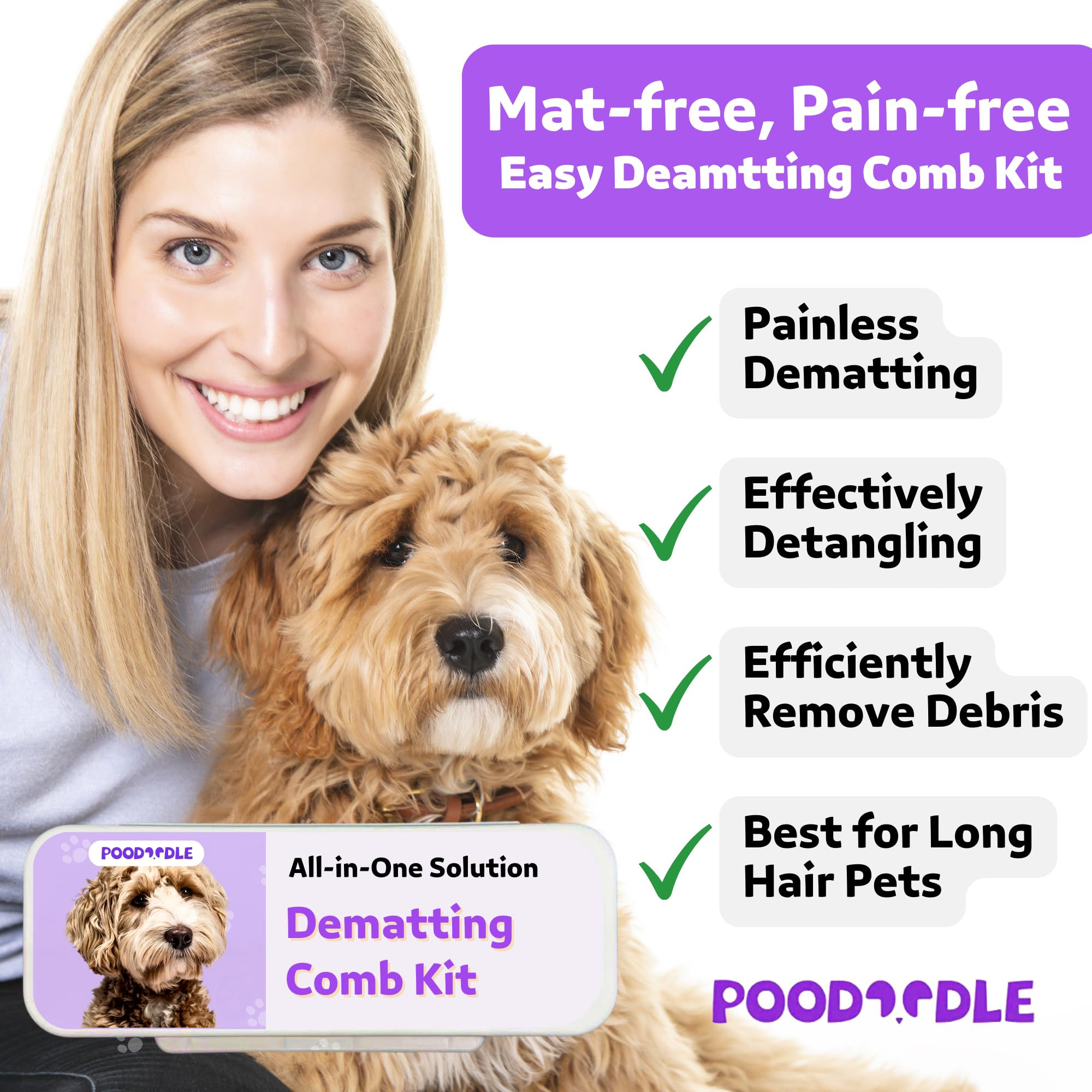 Poodoodle dual side comb wide and dense teeth for versatile detangling