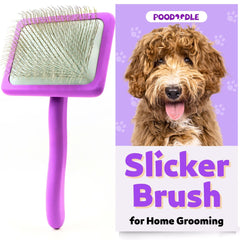 Poodoodle Small Slicker Brush purple close-up pins for easy detangling.