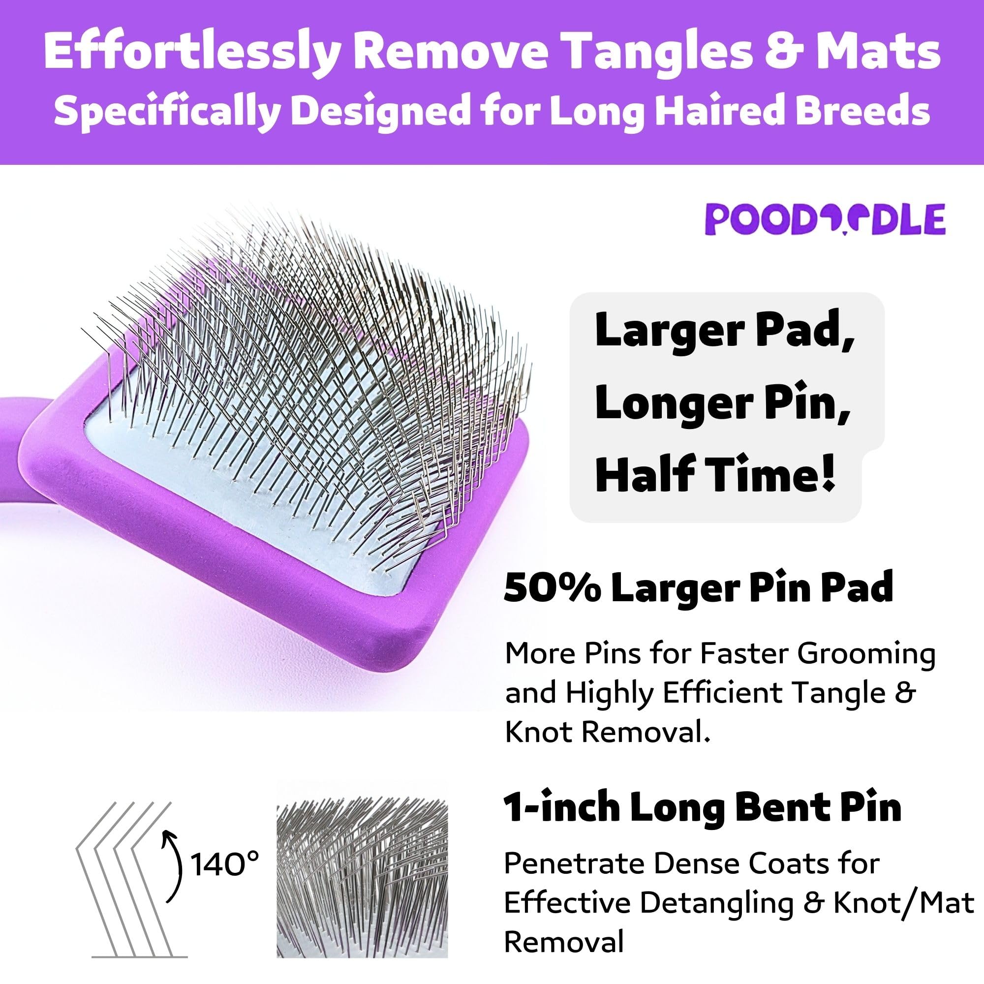 Poodoodle Small Slicker Brush purple held in hand for at-home grooming.