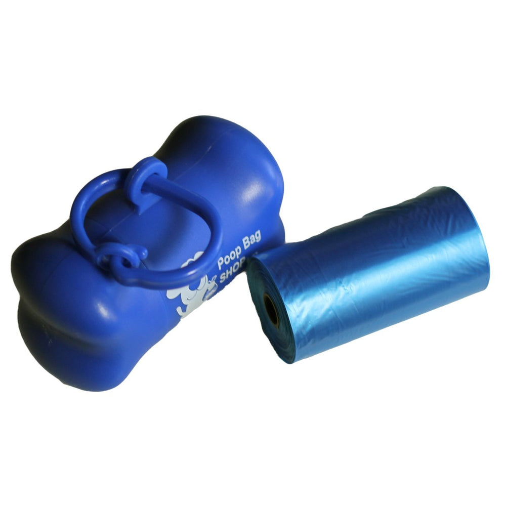Poop Bag Shop blue dispenser attached to leash for quick waste bag access