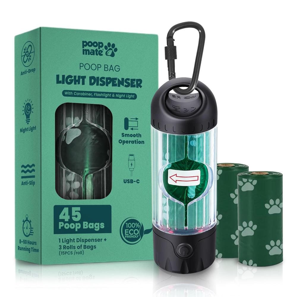 Poop Mate dispenser with LED flashlight for safe night walks