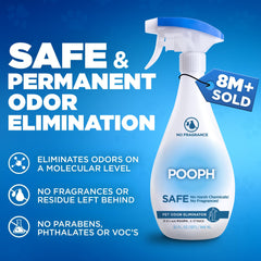 POOPH fragrance-free odor eliminator spray demonstrates pet-space use.