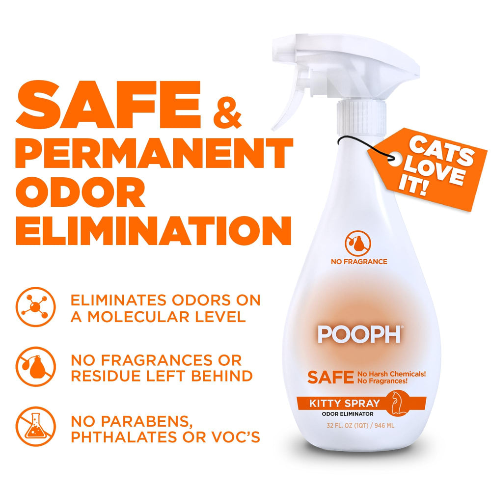 POOPH litter-box odor eliminator spray targets litter areas for fresher smells.
