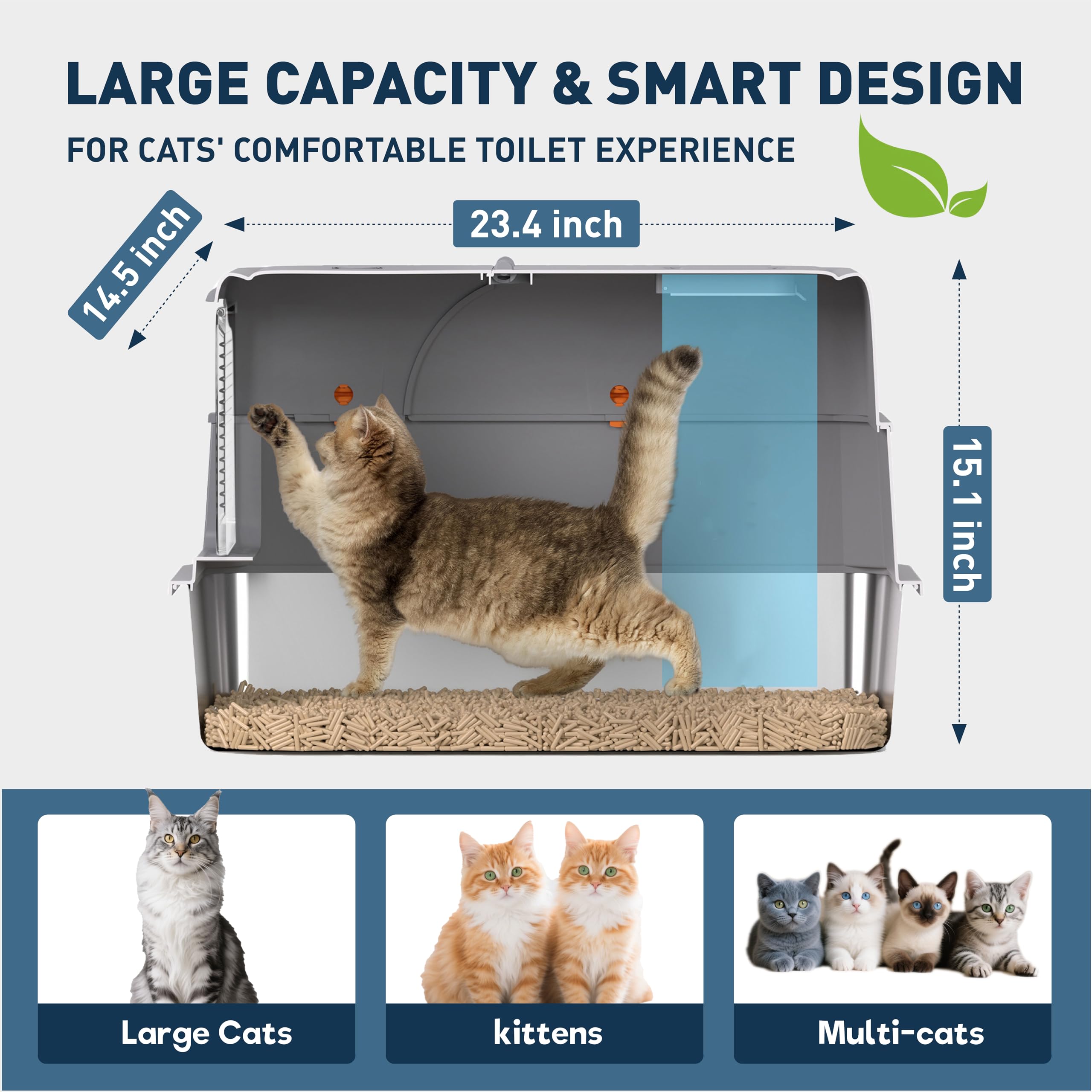 POPCAT stainless steel litter box gray interior space highlights roomy design