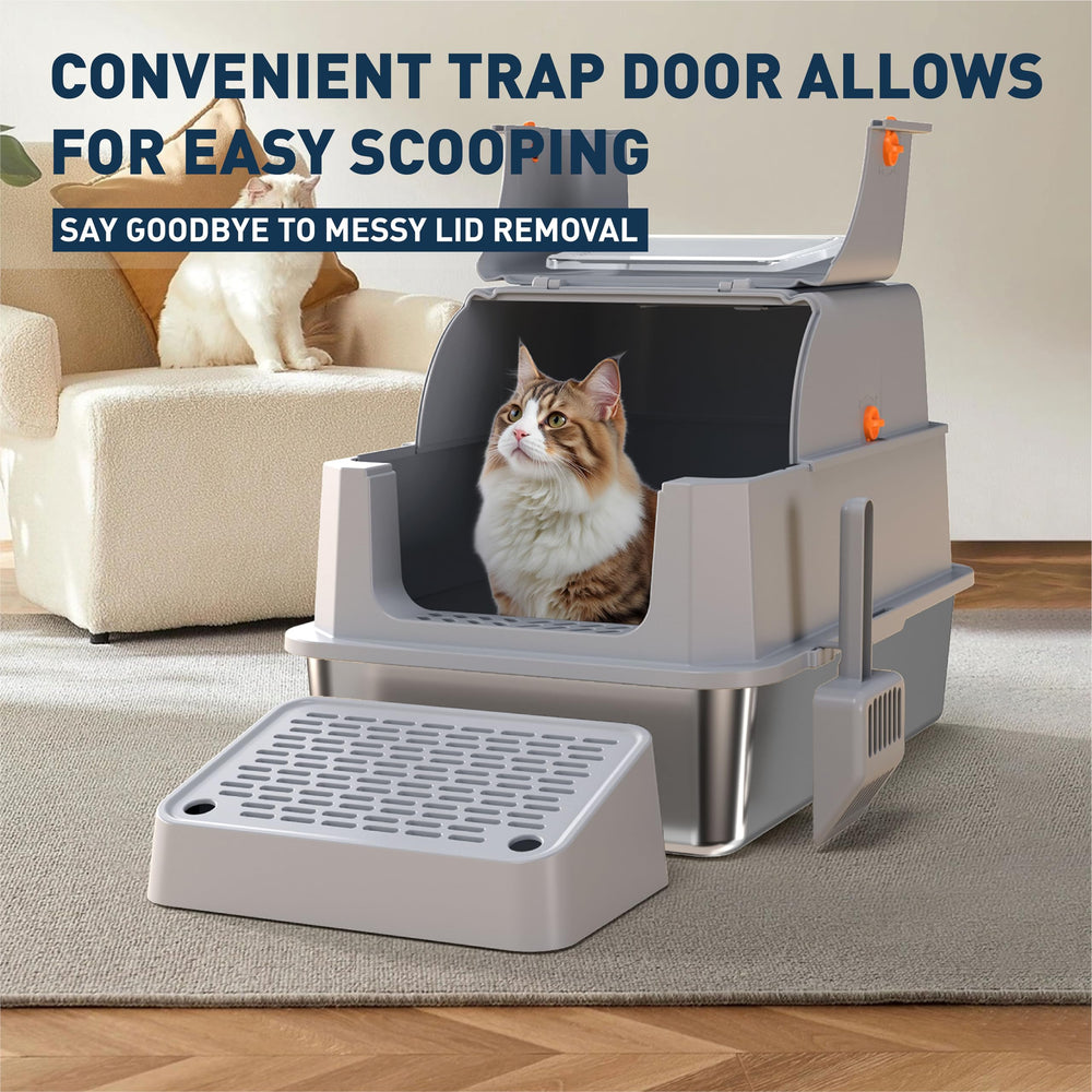 POPCAT stainless steel litter box gray large-capacity design supports multiple cats