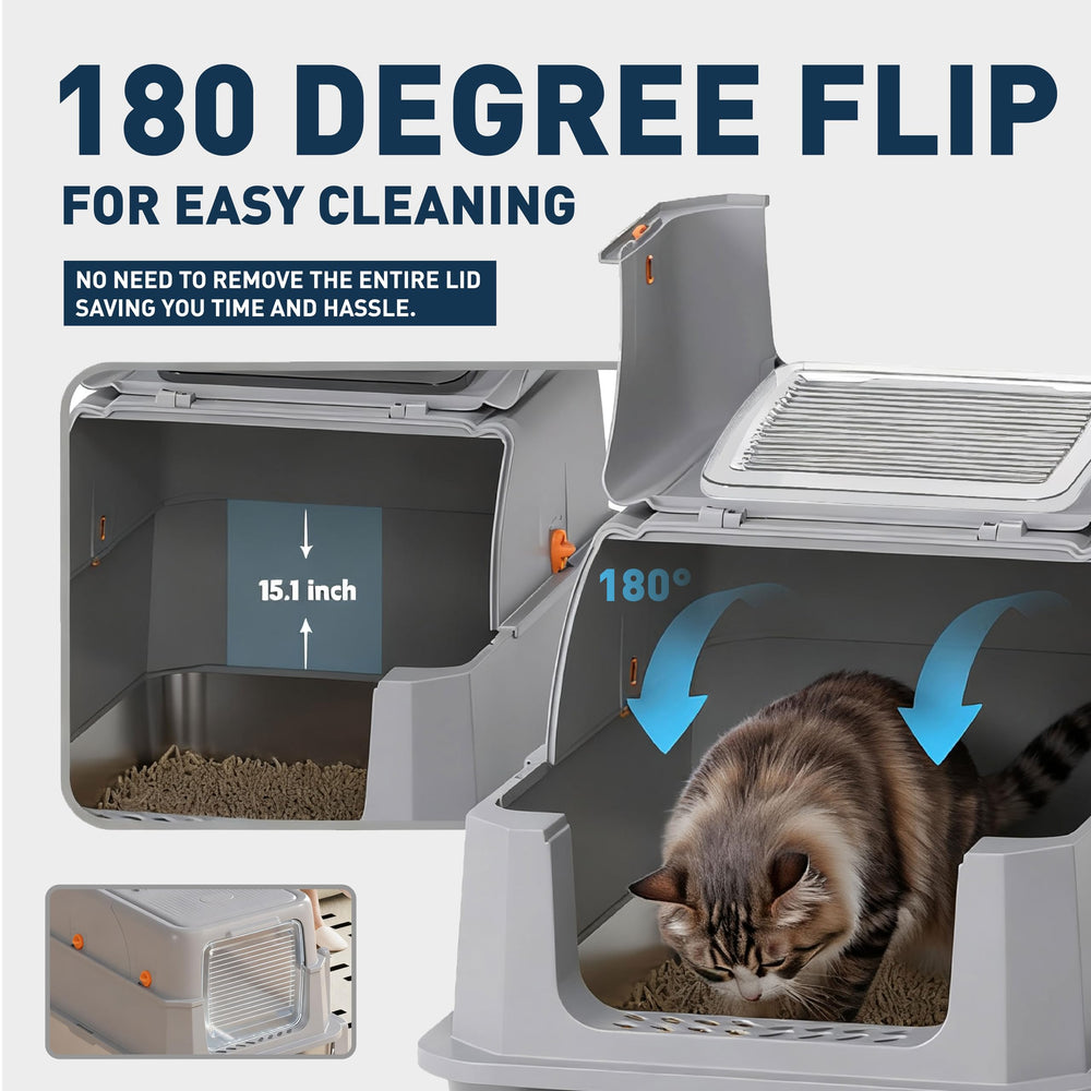 POPCAT stainless steel litter box gray odor-control surface helps maintain freshness