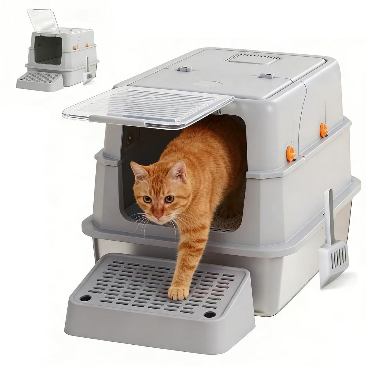 POPCAT stainless steel litter box gray top view shows durability and easy cleaning