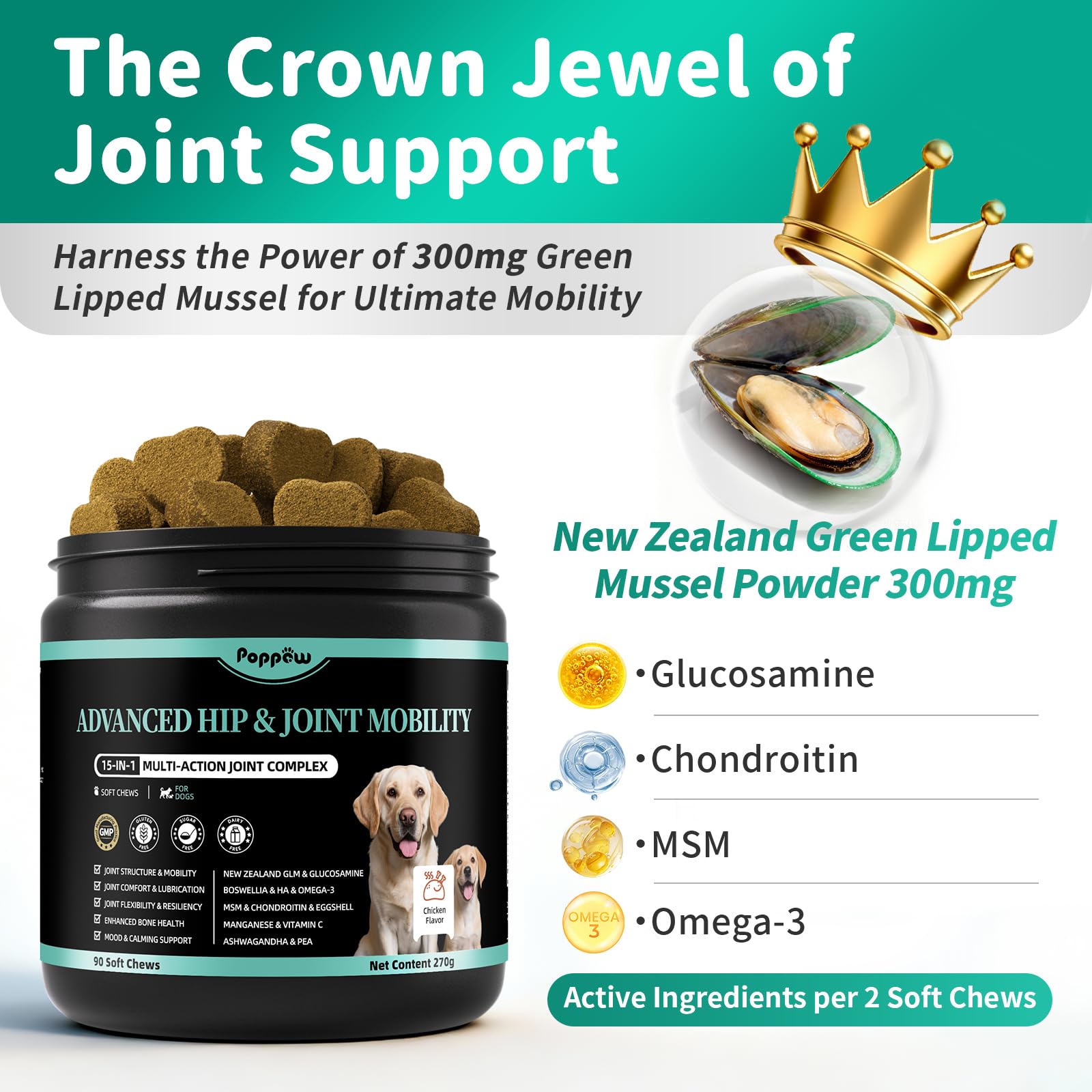 POPPAW dog joint chews in beef flavor for versatile feeding.