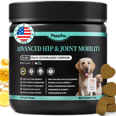 POPPAW Advanced Dog Joint Supplement bottle showing chicken-flavored chews for mobility support.