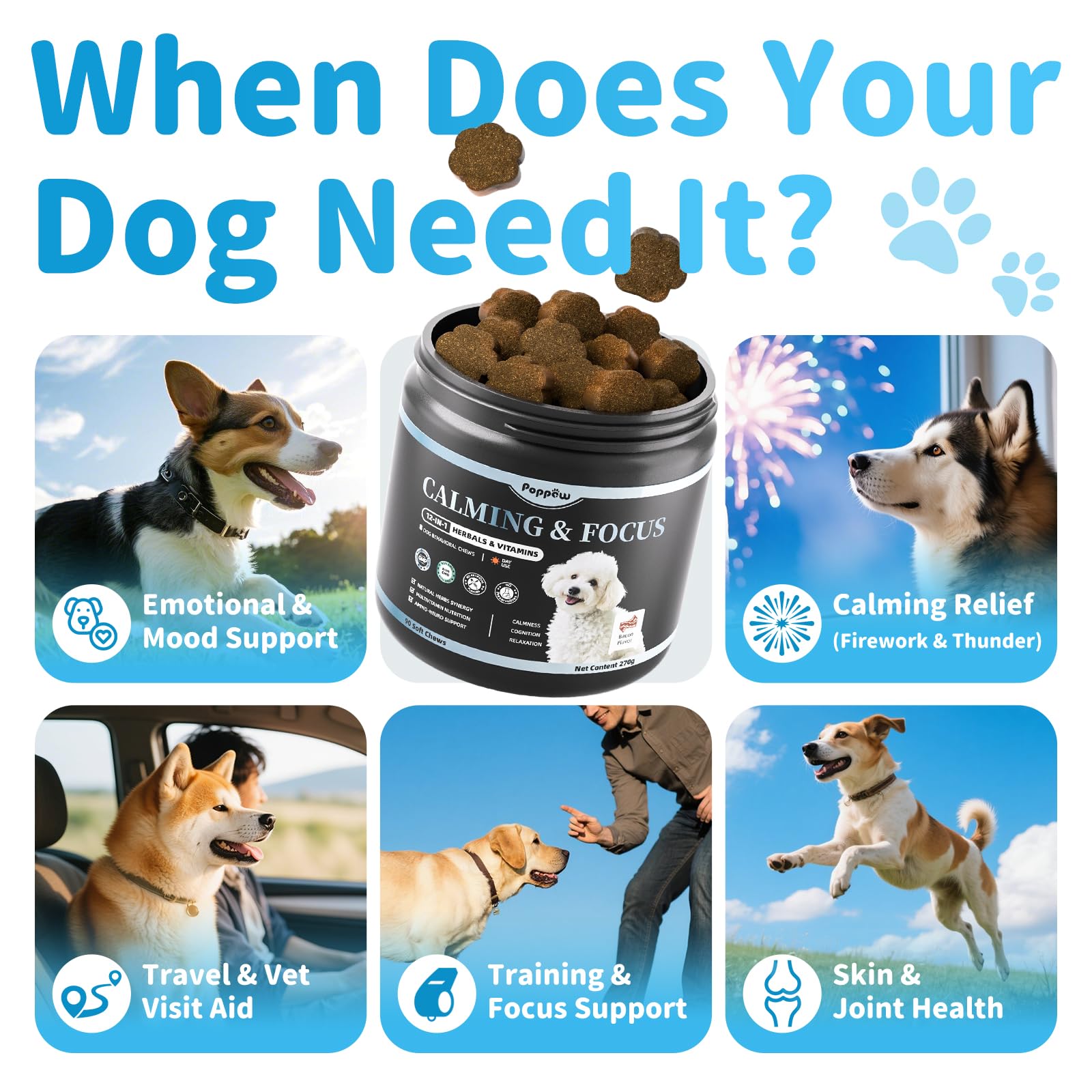 Poppaw Calming Chews ingredients chamomile and ashwagandha for balance.