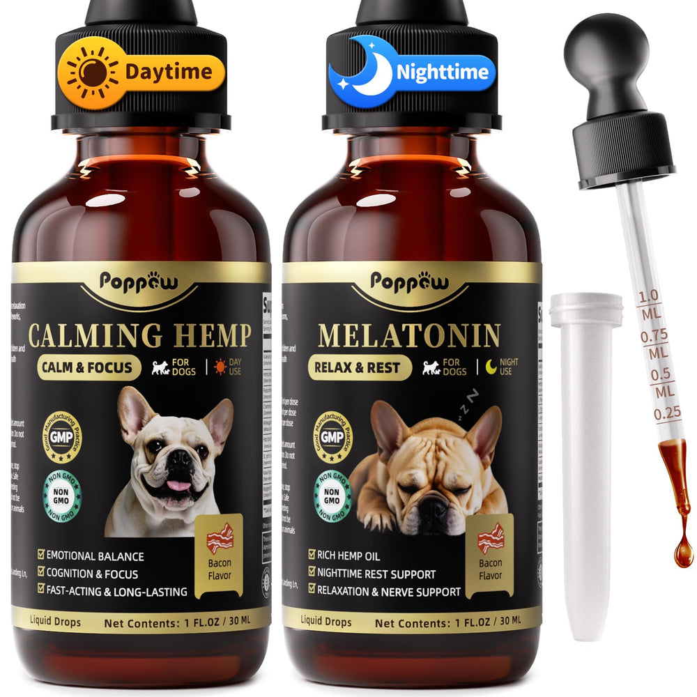 POPPAW day-night calming set bottle with droppers for dog relaxation.