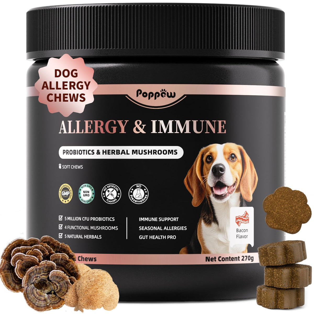 Poppaw dog allergy chews bottle front with convenient daily supplement