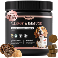 Poppaw dog allergy chews bottle front with convenient daily supplement