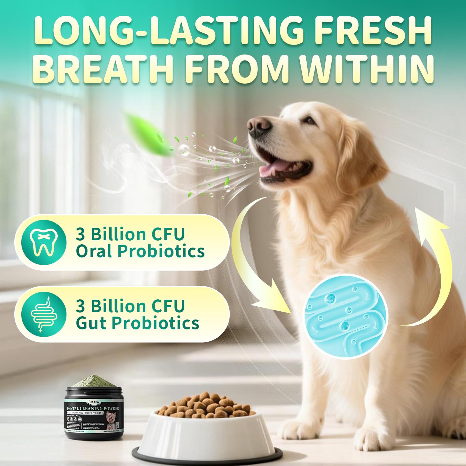 Poppaw Mint Chicken flavor packaging appealing to dogs during meals