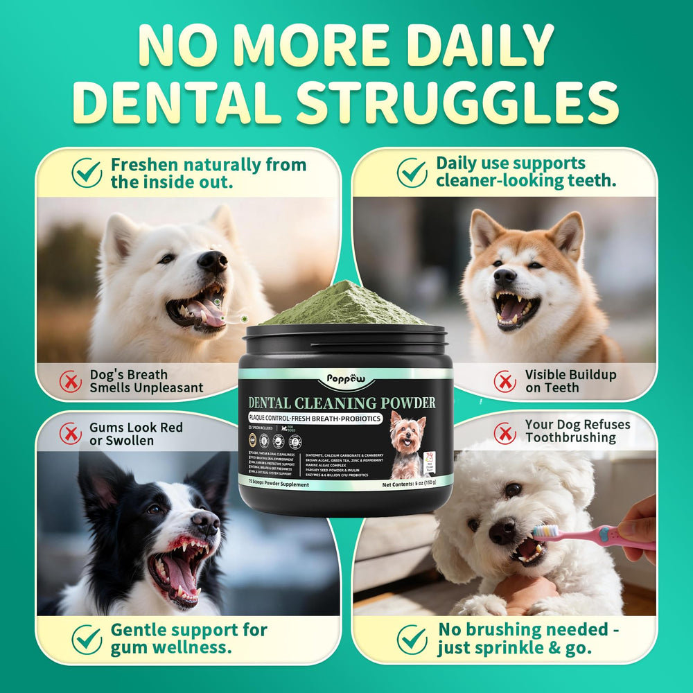Poppaw Dog Dental Powder probiotics section highlighting oral health balance