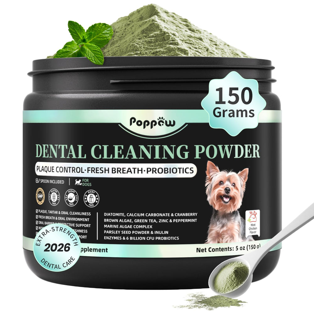 Poppaw Dog Dental Powder tub front showing probiotic blend for fresh breath and daily care