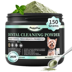Poppaw Dog Dental Powder tub front showing probiotic blend for fresh breath and daily care