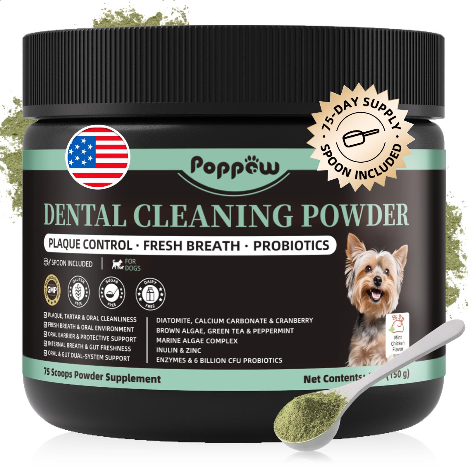 POPPAW dog dental powder tub for easy daily teeth cleaning and oral care