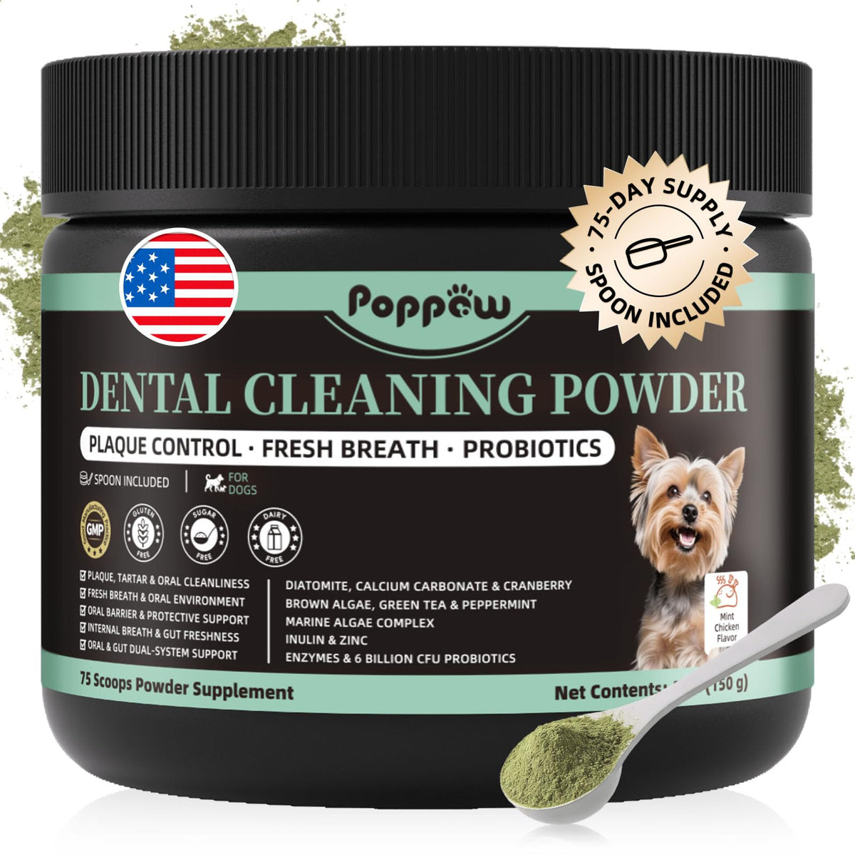 POPPAW dog dental powder tub for easy daily teeth cleaning and oral care