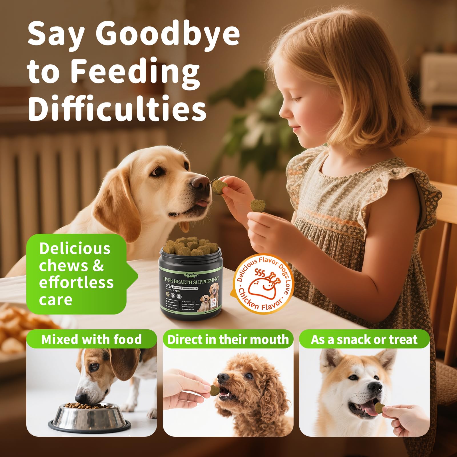 POPPAW dog eating chew illustrates easy daily integration.