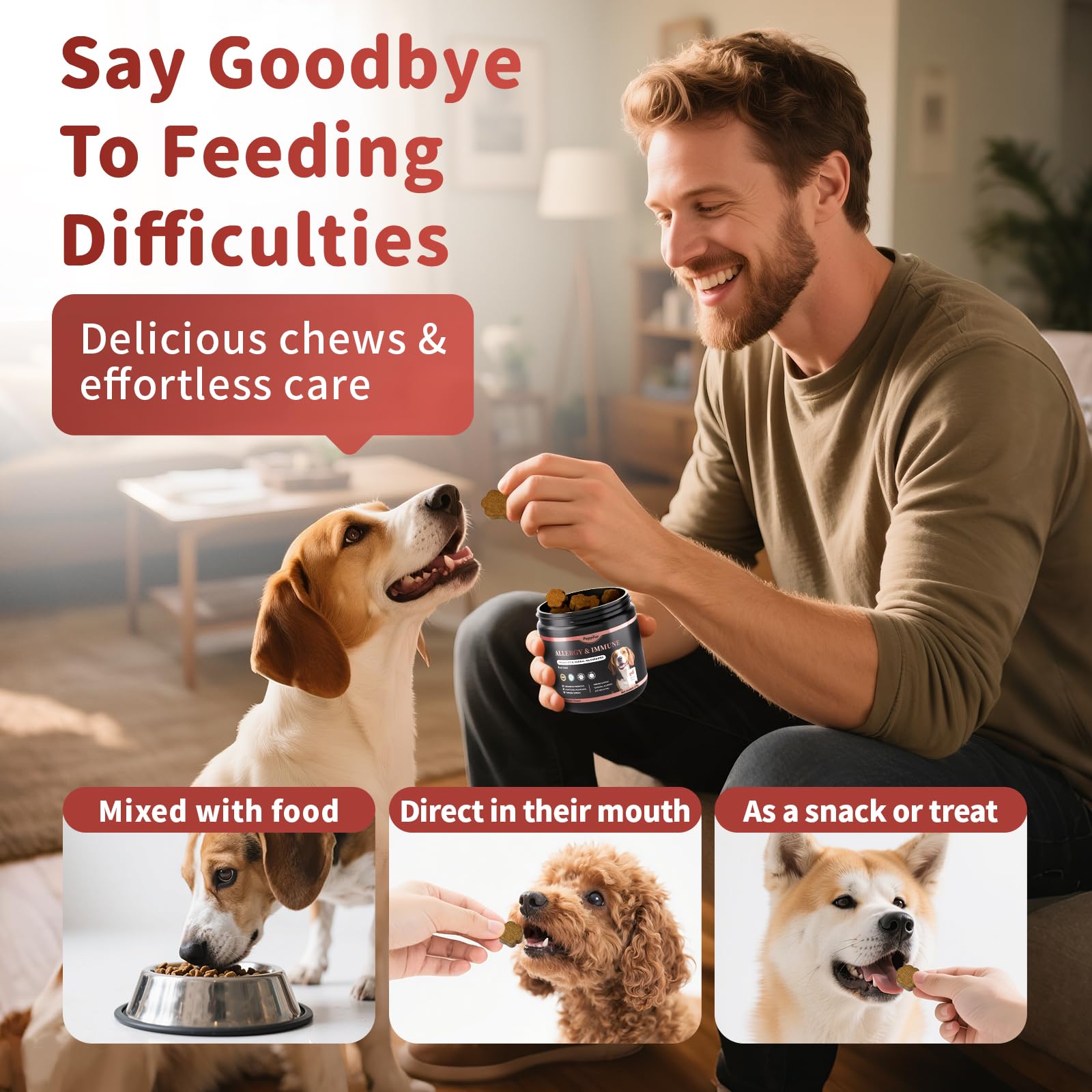 Poppaw dog eats chews from a bowl for easy ingestion