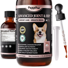 Poppaw dog joint drops bottle shown for easy administration across sizes