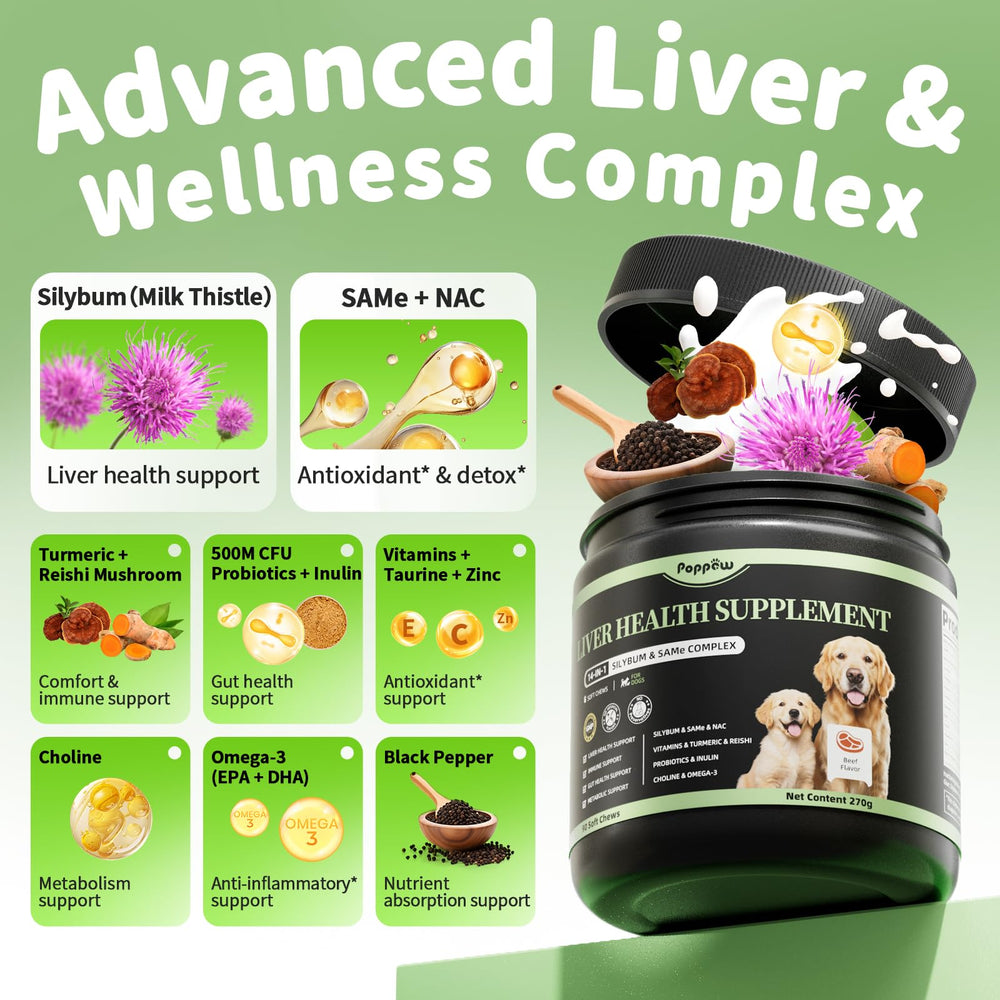 Poppaw milk thistle ingredient highlights liver-friendly botanicals for dogs.