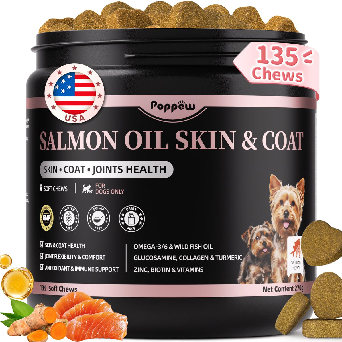 POPPAW Salmon Oil bottle helps dogs achieve coat shine and healthy skin.