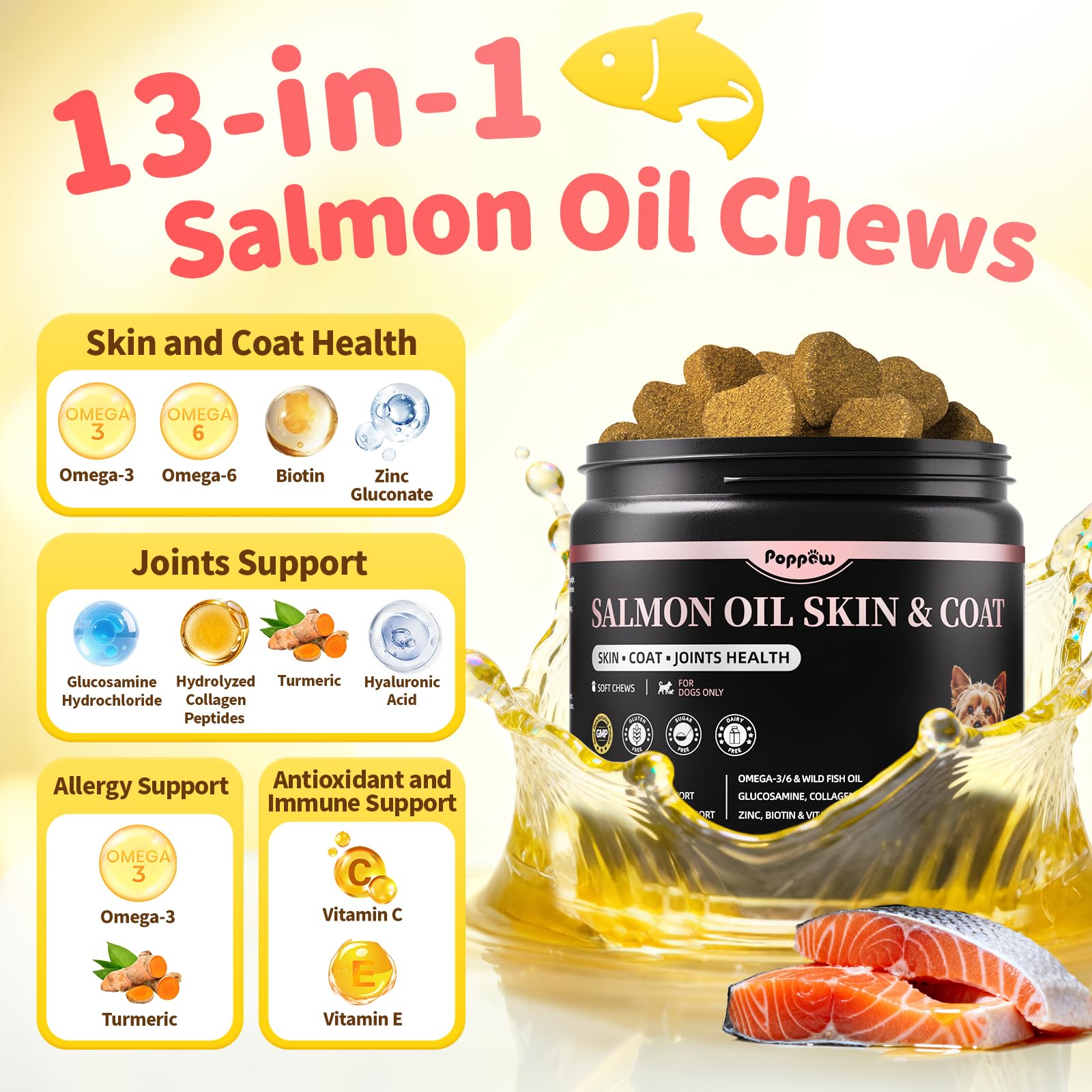 POPPAW Salmon Oil supports joint health with glucosamine and minerals.
