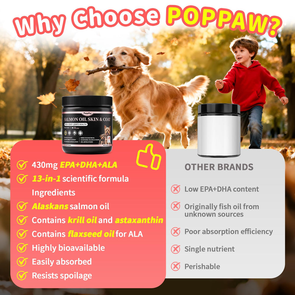 POPPAW Salmon Oil aids skin barrier with biotin and zinc for resilient fur.