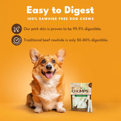 Pork Chomps 10oz resealable bag keeps chews fresh.