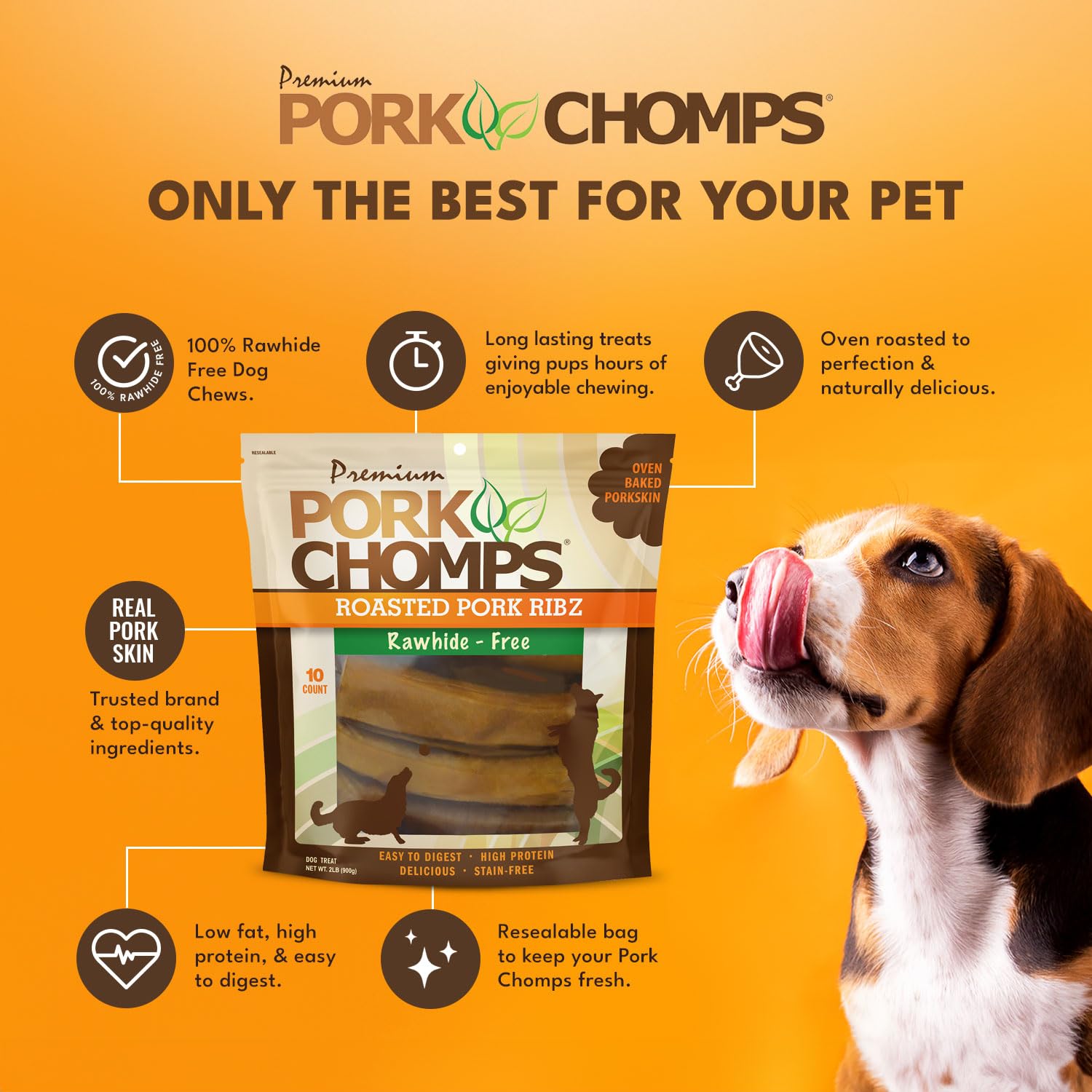 Pork Chomps 6inch rib-shape dog chew packaging; resealable for easy storage.