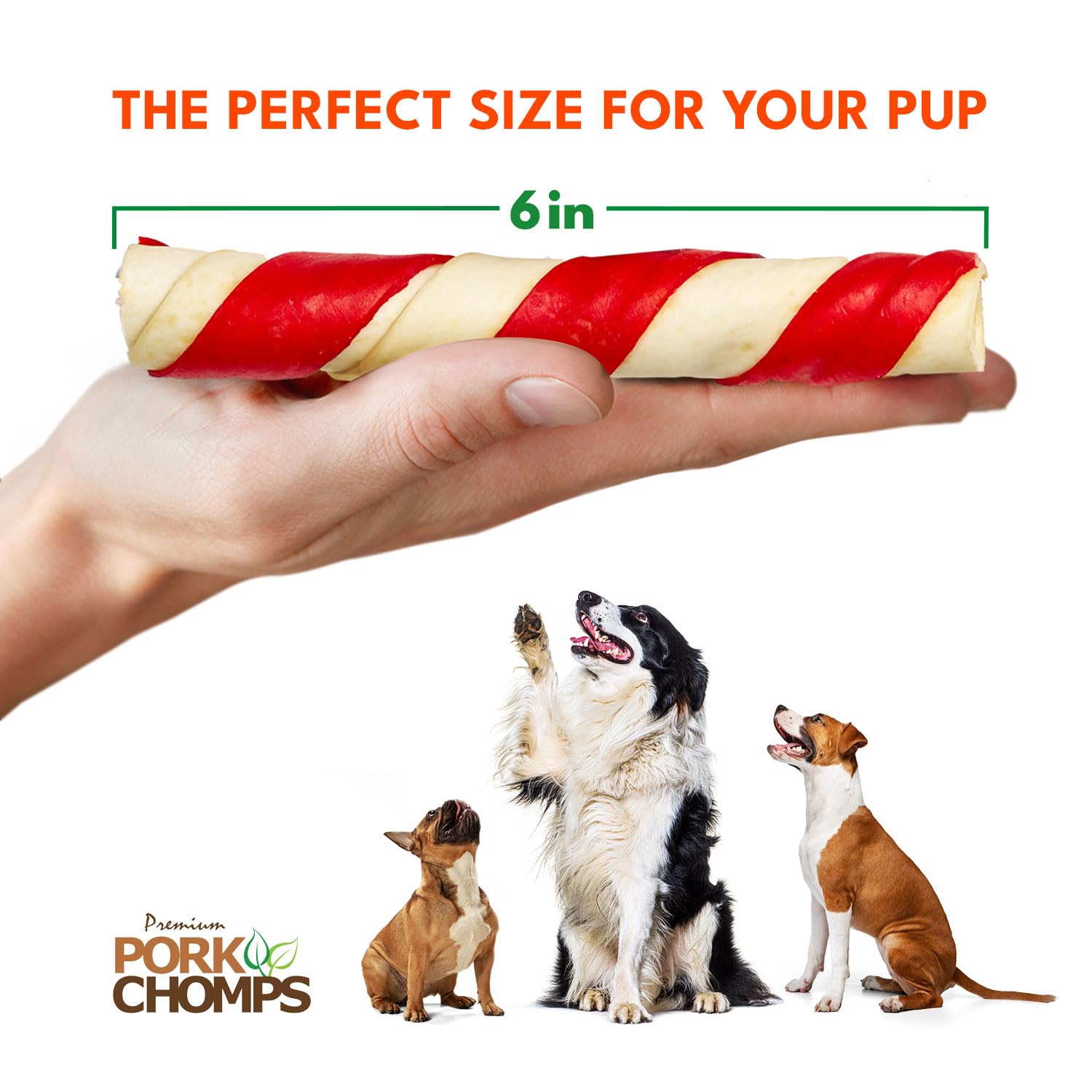 Pork Chomps 6-inch twists ideal for training rewards during routines.
