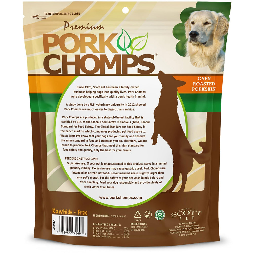 Pork Chomps chew suitable for puppies through extra-large dogs.
