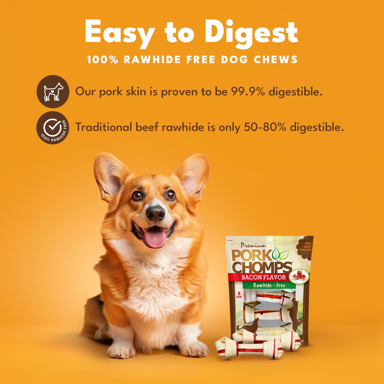 Pork Chomps bacon-flavored strip adds irresistible aroma for rewarding play.