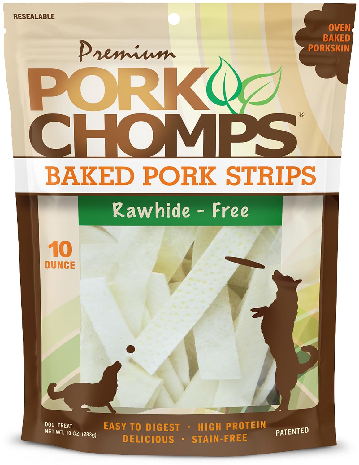 Pork Chomps baked pork skin 4-inch strips for a long-lasting chew.
