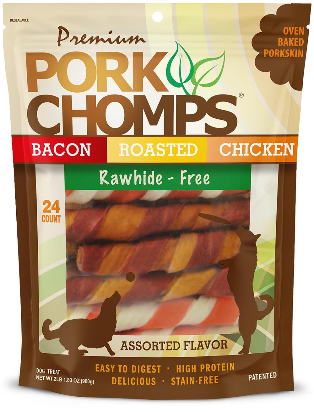 Pork Chomps baked pork skin twists in resealable bag for freshness