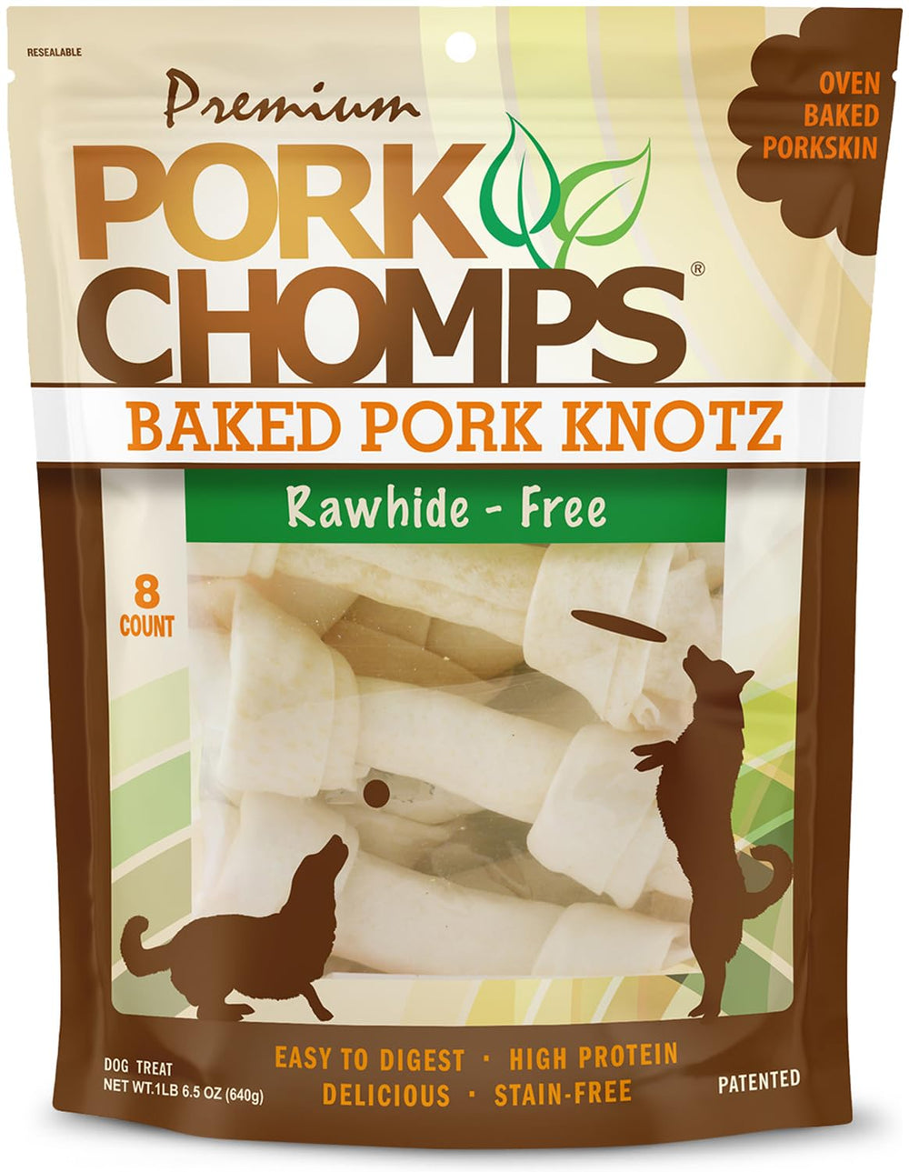 Pork Chomps baked pork skin knots 7-inch long chew highlighting a long-lasting protein snack