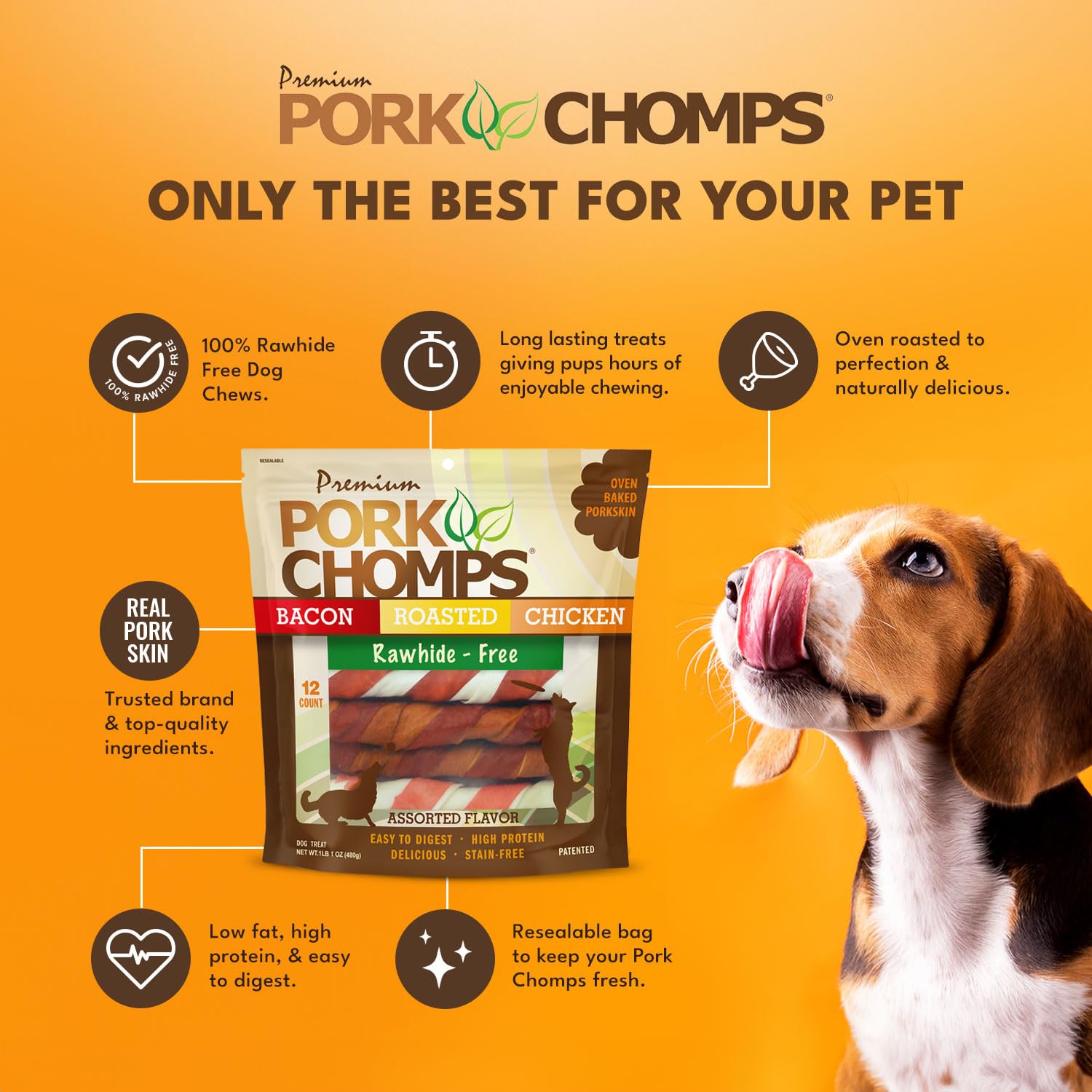 Pork Chomps bacon flavor twists, savory treat for dogs.