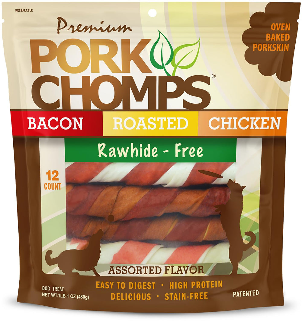 Pork Chomps baked pork skin twists in roasted pork flavor for long-lasting chewing.