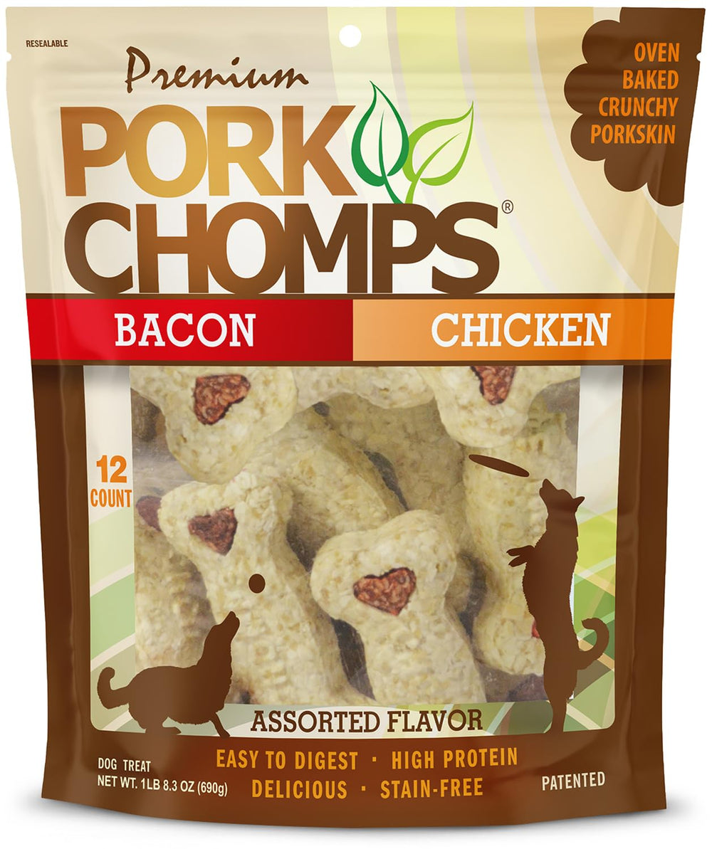 Pork Chomps bacon-flavor four-inch crunchy bone for dental-friendly chewing.