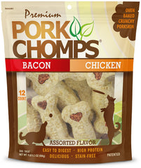 Pork Chomps bacon-flavor four-inch crunchy bone for dental-friendly chewing.