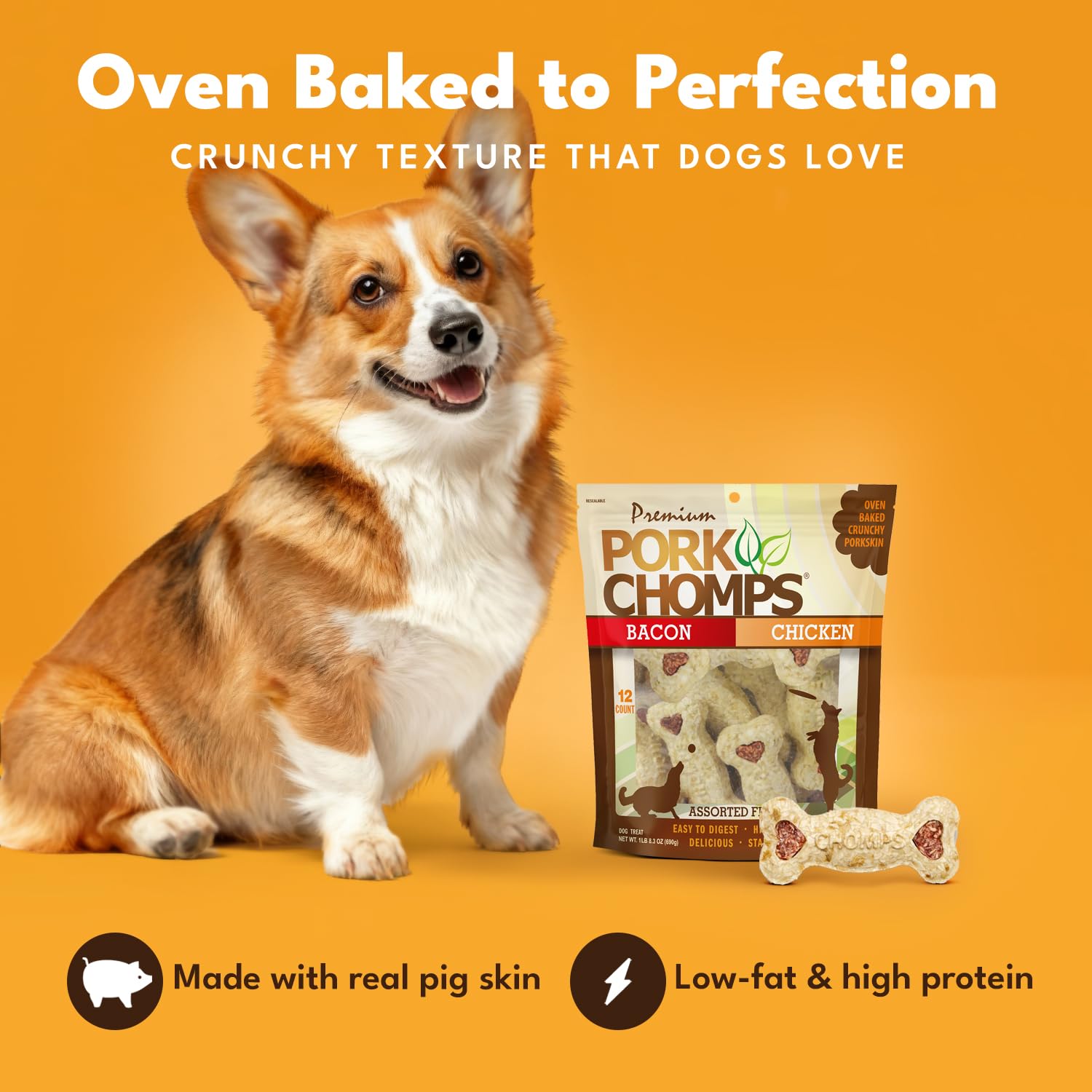 Pork Chomps chicken-flavor four-inch crunchy bone for long-lasting chew.