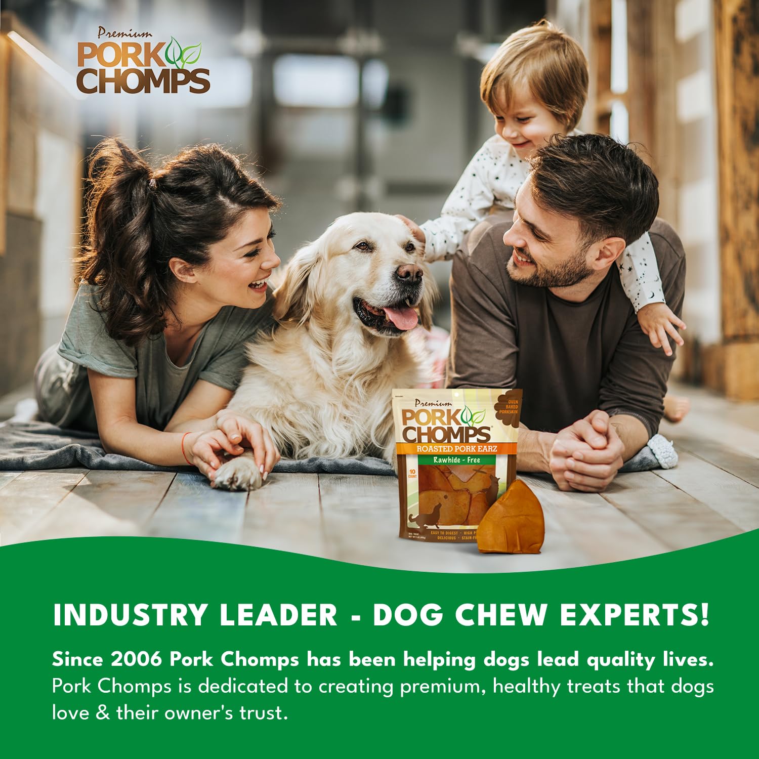 Pork Chomps limited ingredients label with no artificial flavors or dyes.