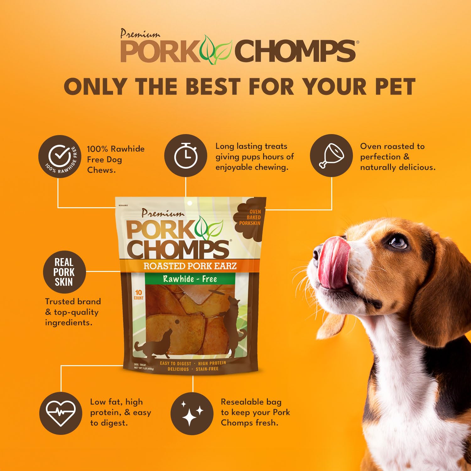 Pork Chomps pig skin texture close-up highlighting high protein chew.