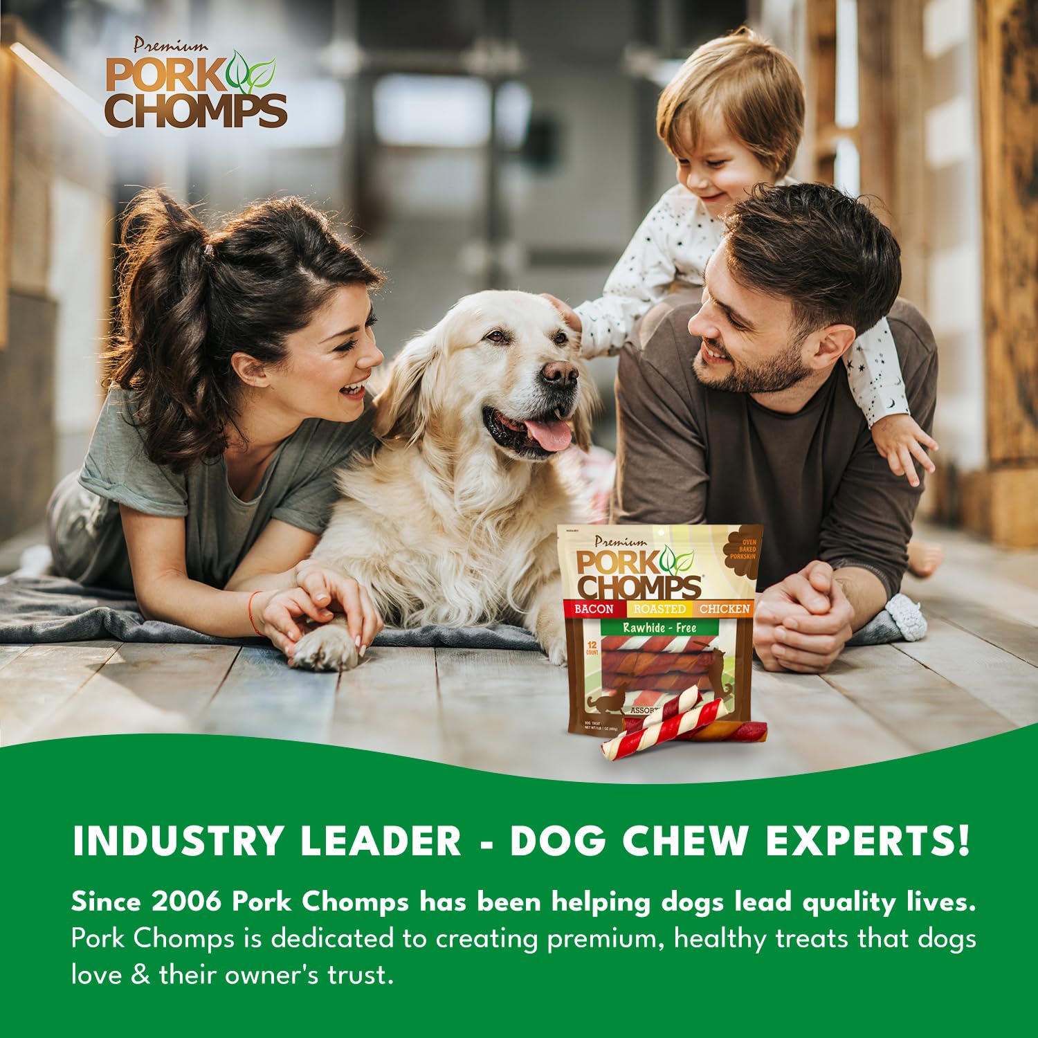 Pork Chomps rawhide-free chew supports easy digestion and cleaner chewing.