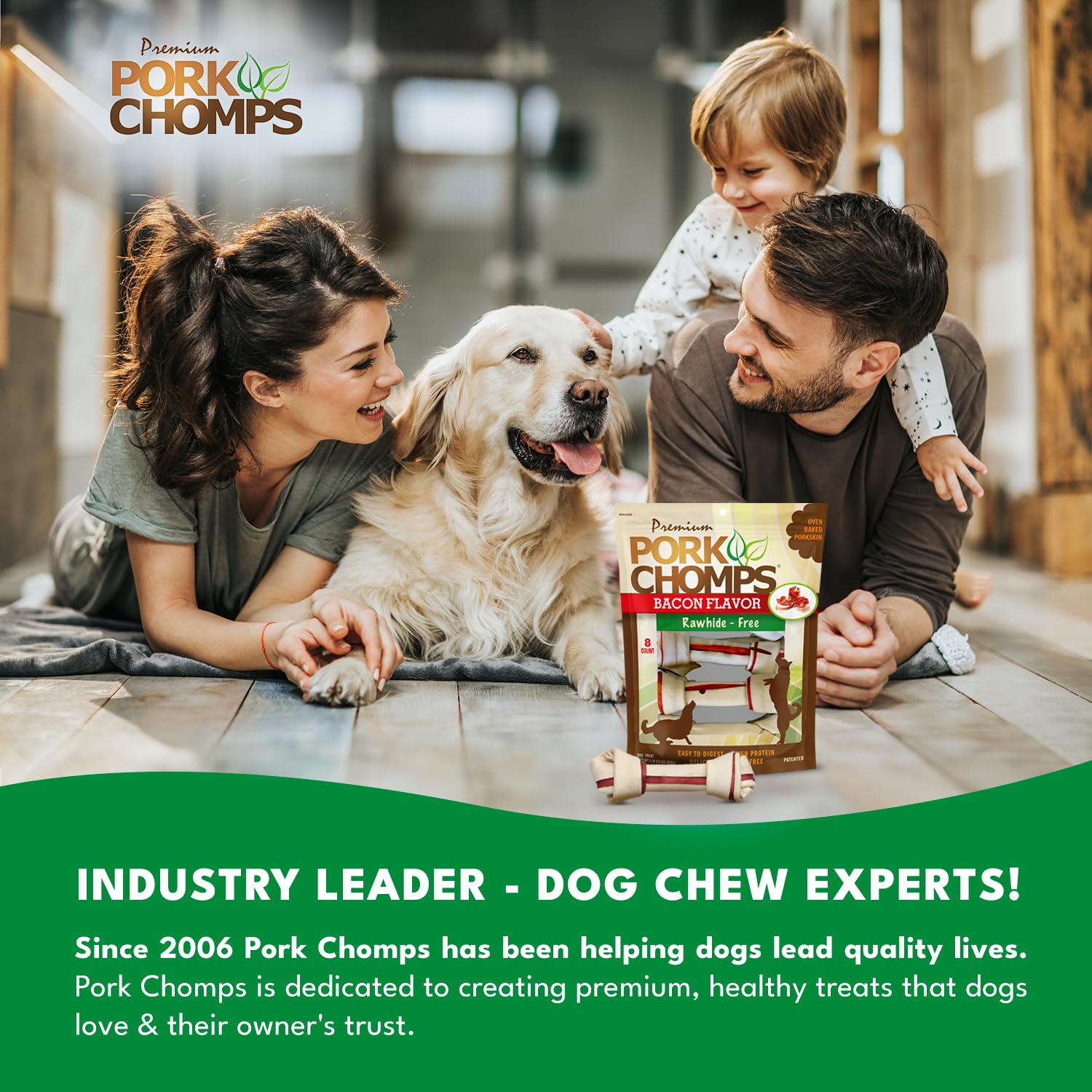 Pork Chomps rawhide-free chew option for safer chewing.